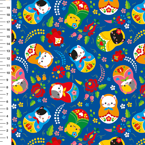 Sintético Doll Matrioska Gatinhos Fundo Azul - Meia Tigela 50cm x 1,36mt
