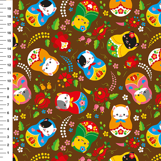 Sintético Doll Matrioska Gatinhos Fundo Marrom - Meia Tigela 50cm x 1,36mt