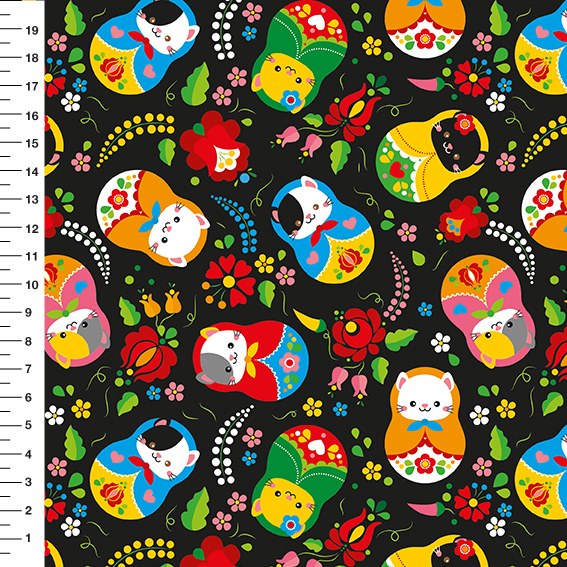 Sintético Doll Matrioska Gatinhos Fundo Preto - Meia Tigela 50cm x 1,36mt
