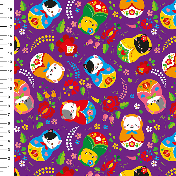 Sintético Doll Matrioska Gatinhos Fundo Roxo - Meia Tigela 50cm x 1,36mt