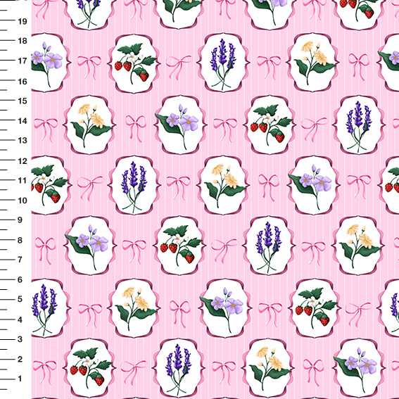Sintético Doll Medalhão Floral Laço Fundo Rosa - Meia Tigela 50cm x 1,36mt