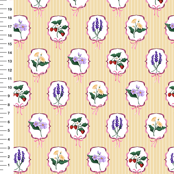 Sintético Doll Medalhão Floral Oval Fundo Amarelo - Meia Tigela 50cm x 1,36mt