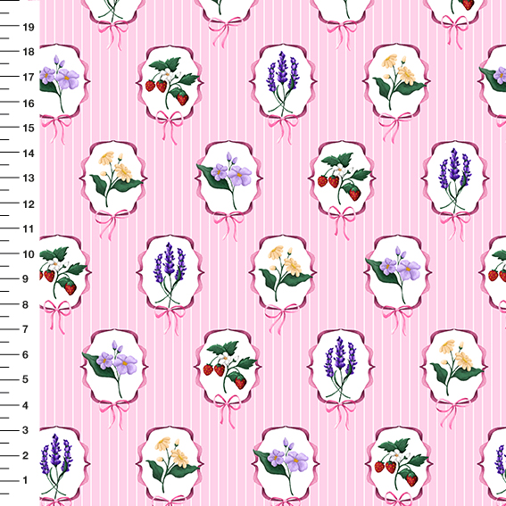 Sintético Doll Medalhão Floral Oval Fundo Rosa - Meia Tigela 50cm x 1,36mt
