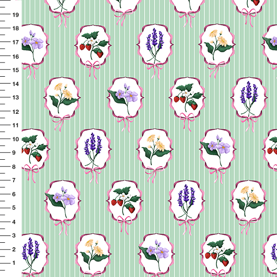 Sintético Doll Medalhão Floral Oval Fundo Verde - Meia Tigela 50cm x 1,36mt