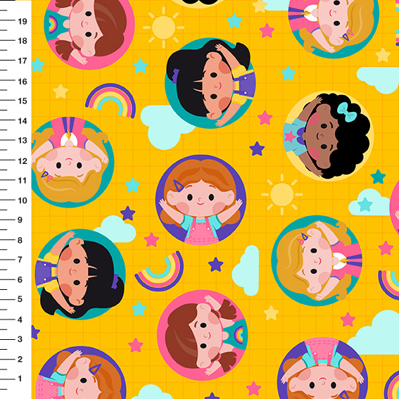 Sintético Doll Meninas Arco-Íris Círculos Fundo Amarelo - Meia Tigela 50cm x 1,36mt
