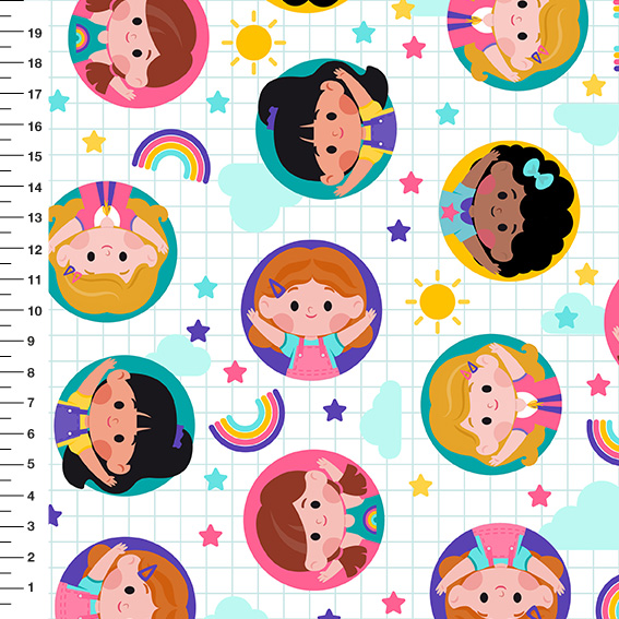 Sintético Doll Meninas Arco-Íris Círculos Fundo Branco - Meia Tigela 50cm x 1,36mt