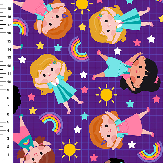 Sintético Doll Meninas Arco-Íris Fundo Roxo - Meia Tigela 50cm x 1,36mt