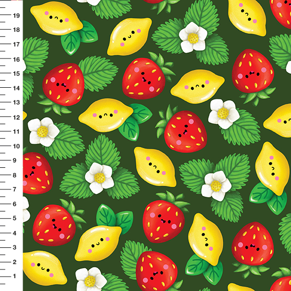 Sintético Doll Morangos e Limões Fundo Verde Escuro - Meia Tigela 50cm x 1,36mt
