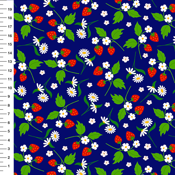 Sintético Doll Morangos e Margaridas Fundo Azul Marinho - Meia Tigela 50cm x 1,36mt