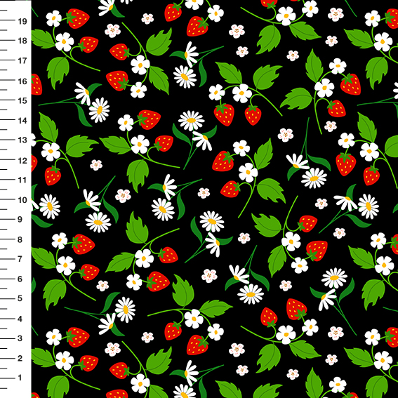 Sintético Doll Morangos e Margaridas Fundo Preto - Meia Tigela 50cm x 1,36mt