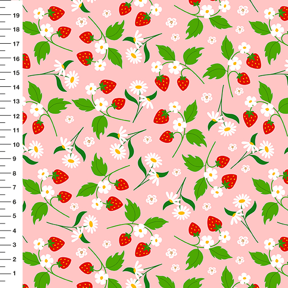 Sintético Doll Morangos e Margaridas Fundo Rosa Claro - Meia Tigela 50cm x 1,36mt