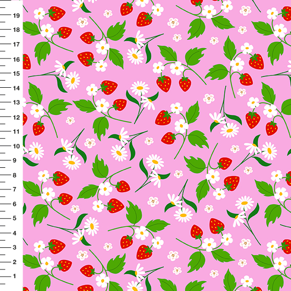 Sintético Doll Morangos e Margaridas Fundo Rosa - Meia Tigela 50cm x 1,36mt