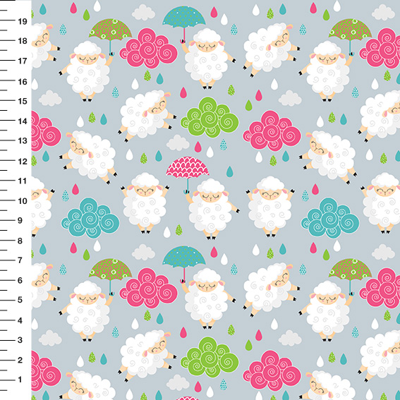 Sintético Doll Ovelhinhas Guarda-Chuva Fundo Cinza Claro - Meia Tigela 50cm x 1,36mt