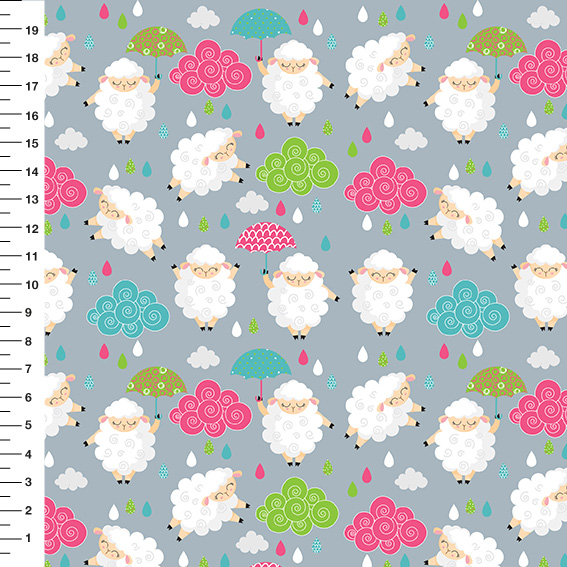 Sintético Doll Ovelhinhas Guarda-Chuva Fundo Cinza - Meia Tigela 50cm x 1,36mt