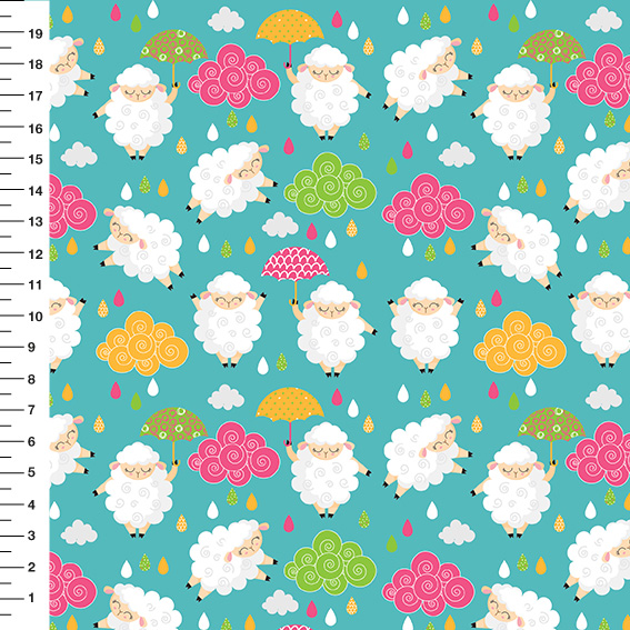 Sintético Doll Ovelhinhas Guarda-Chuva Fundo Verde Água - Meia Tigela 50cm x 1,36mt