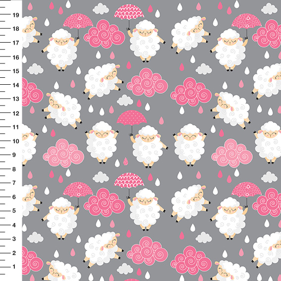 Sintético Doll Ovelhinhas Guarda-Chuva Rosa Fundo Cinza - Meia Tigela 50cm x 1,36mt