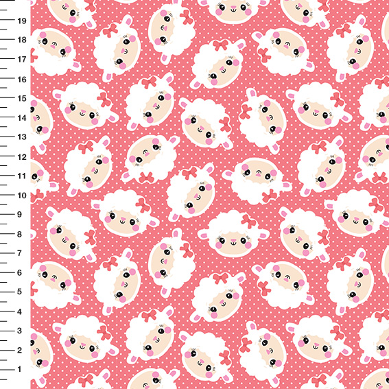 Sintético Doll Ovelhinhas Laço Poá Fundo Coral - Meia Tigela 50cm x 1,36mt