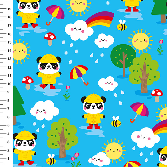 Sintético Doll Panda Capa de Chuva Fundo Azul - Meia Tigela 50cm x 1,36mt