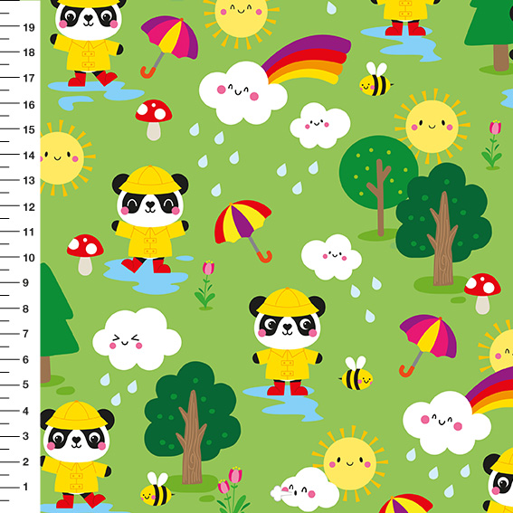 Sintético Doll Panda Capa de Chuva Fundo Verde - Meia Tigela 50cm x 1,36mt