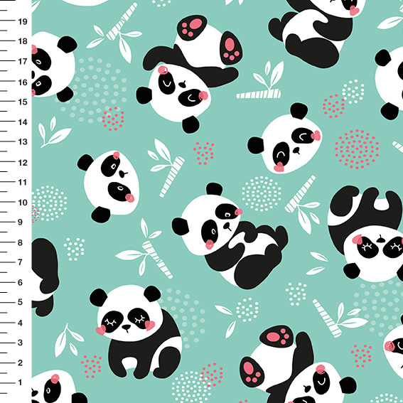 Sintético Doll Pandas Corpo Inteiro Rosa Fundo Verde Menta - Meia Tigela 50cm x 1,36mt
