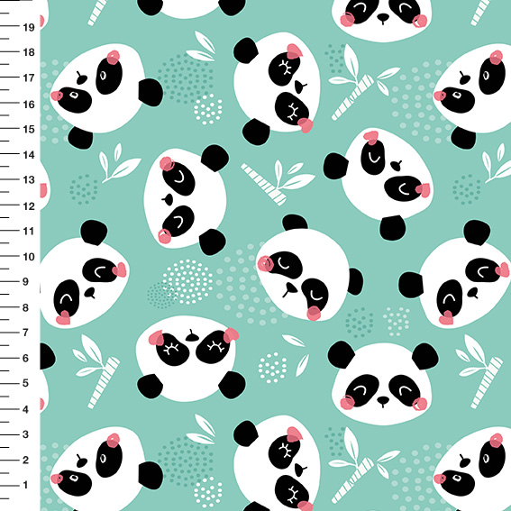 Sintético Doll Pandas Rosto Fundo Verde Menta - Meia Tigela 50cm x 1,36mt