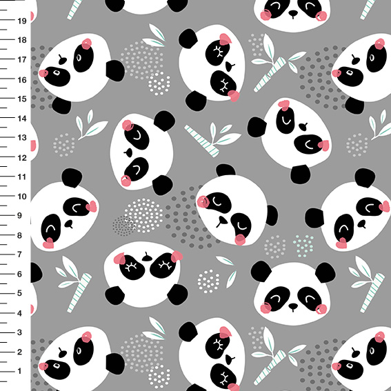 Sintético Doll Pandas Rosto Rosa Fundo Cinza - Meia Tigela 50cm x 1,36mt