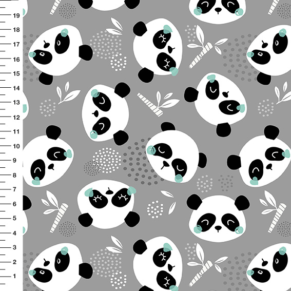 Sintético Doll Pandas Rosto Verde Fundo Cinza - Meia Tigela 50cm x 1,36mt