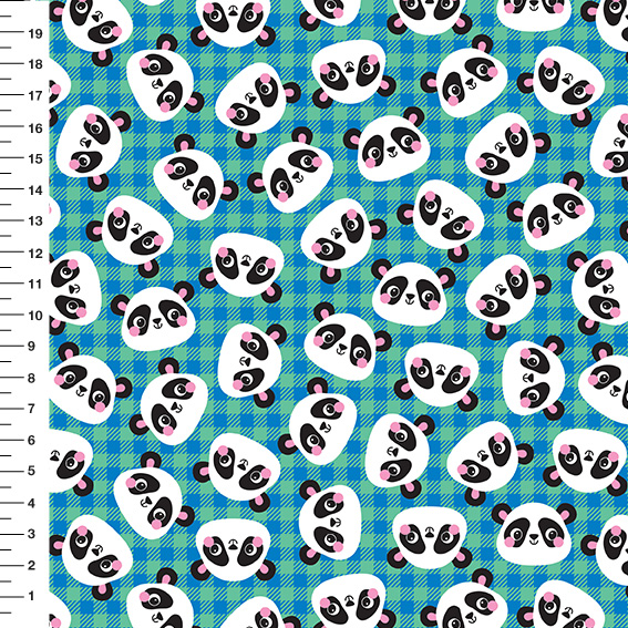 Sintético Doll Pandas Rosto Xadrez Azul e Verde - Meia Tigela 50cm x 1,36mt