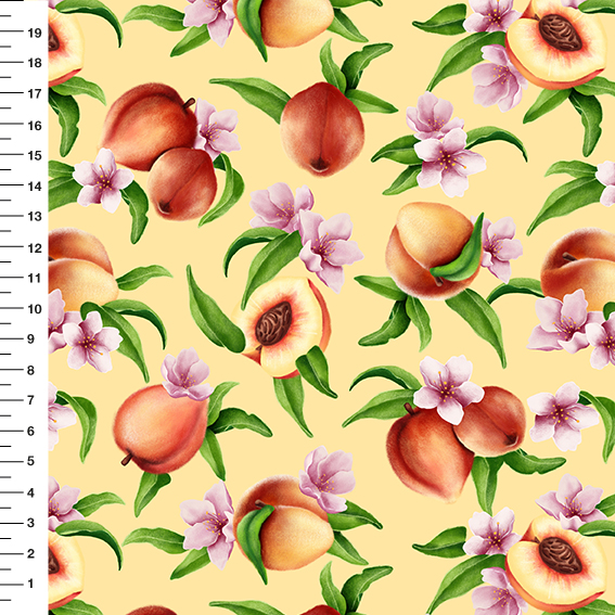 Sintético Doll Pêssegos Fundo Amarelo - Meia Tigela 50cm x 1,36mt