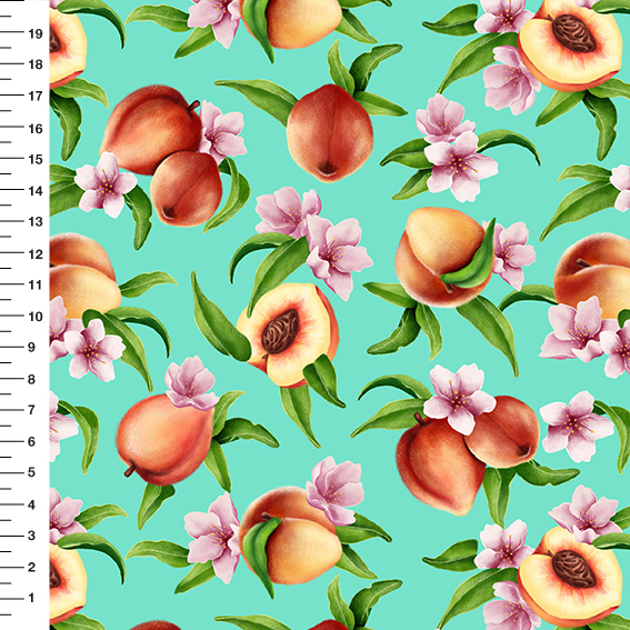 Sintético Doll Pêssegos Fundo Verde Menta - Meia Tigela 50cm x 1,36mt