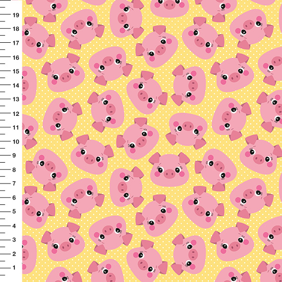 Sintético Doll Porquinhos Poá Fundo Amarelo - Meia Tigela 50cm x 1,36mt