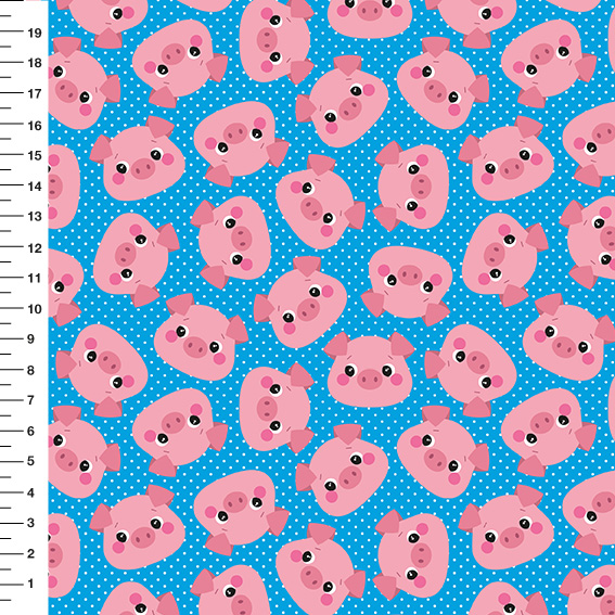 Sintético Doll Porquinhos Poá Fundo Azul - Meia Tigela 50cm x 1,36mt