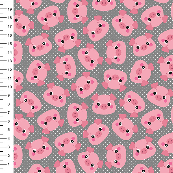 Sintético Doll Porquinhos Poá Fundo Cinza - Meia Tigela 50cm x 1,36mt
