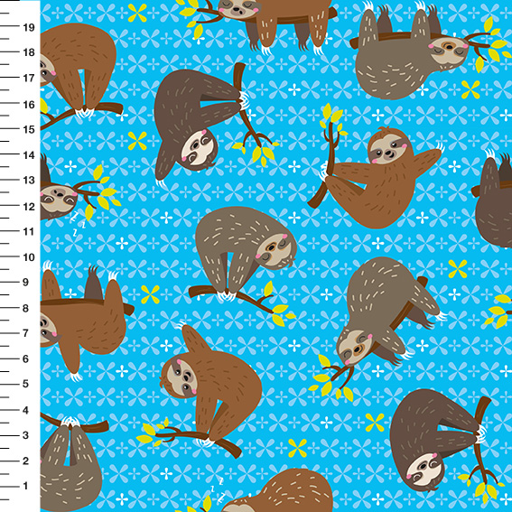 Sintético Doll Preguiças no Galho Fundo Azul Claro - Meia Tigela 50cm x 1,36mt