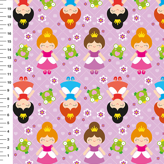 Sintético Doll Princesas e Sapos Fundo Lilás - Meia Tigela 50cm x 1,36mt