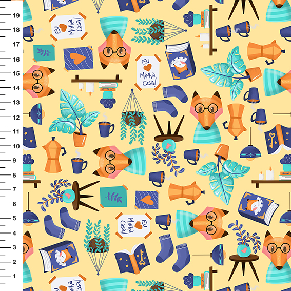 Sintético Doll Raposa Cozy Fundo Amarelo - Meia Tigela 50cm x 1,36mt