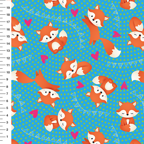 Sintético Doll Raposinhas Bandeirinhas Fundo Azul Claro - Meia Tigela 50cm x 1,36mt
