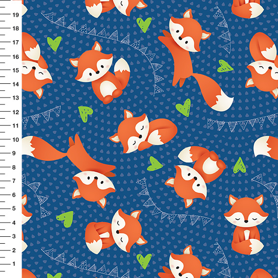 Sintético Doll Raposinhas Bandeirinhas Fundo Azul Marinho - Meia Tigela 50cm x 1,36mt