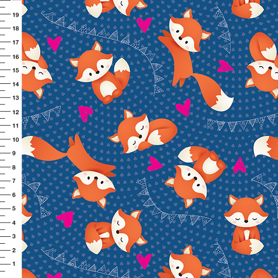 Sintético Doll Raposinhas Bandeirinhas Fundo Azul - Meia Tigela 50cm x 1,36mt