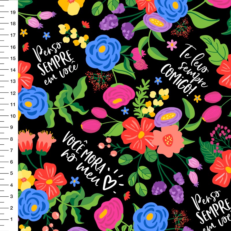 Sintético Doll Sarja Impermeável Floral Frases Preto Grande - Meia Tigela A5490 50cm x 1,36mt