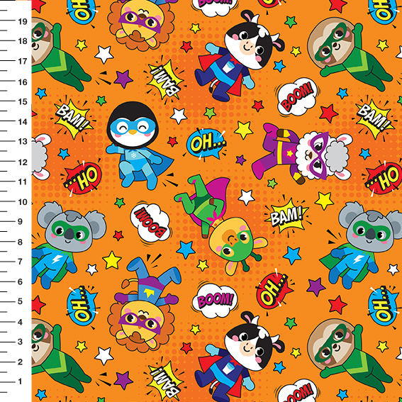 Sintético Doll Super Bichinhos Fundo Laranja - Meia Tigela 50cm x 1,36mt