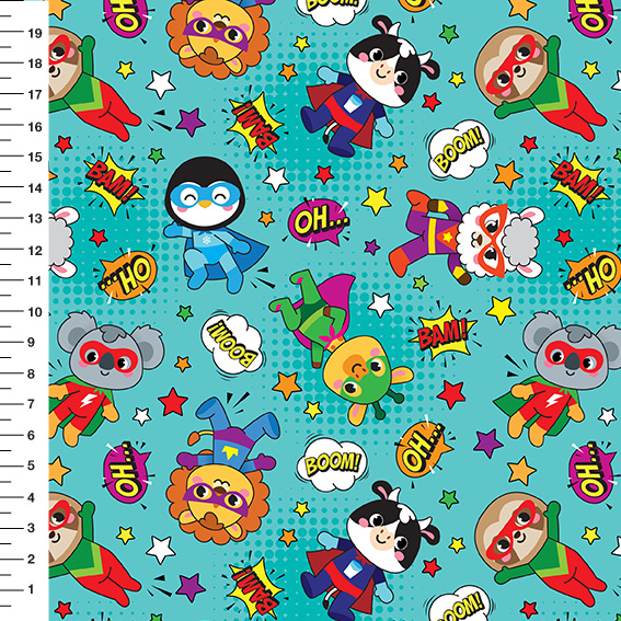 Sintético Doll Super Bichinhos Fundo Verde Água - Meia Tigela 50cm x 1,36mt