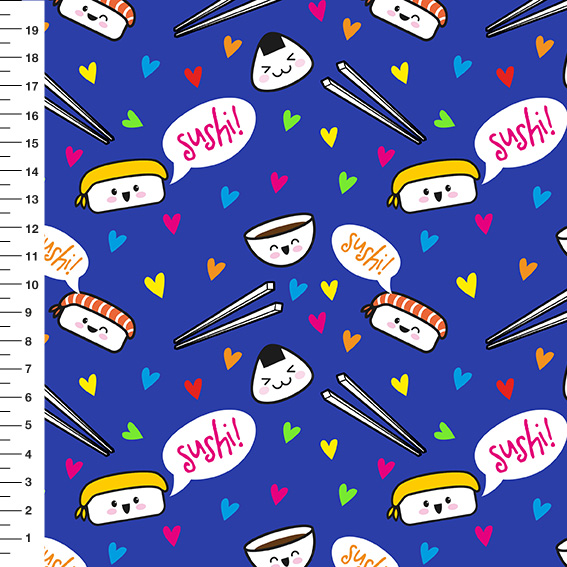 Sintético Doll Sushi Fundo Azul - Meia Tigela 50cm x 1,36mt