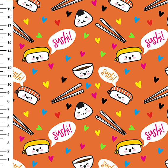 Sintético Doll Sushi Fundo Laranja - Meia Tigela 50cm x 1,36mt