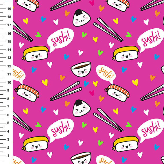 Sintético Doll Sushi Fundo Pink - Meia Tigela 50cm x 1,36mt