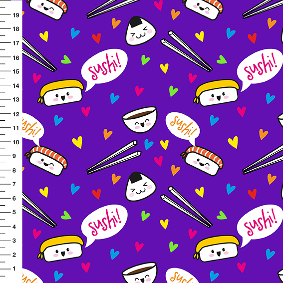 Sintético Doll Sushi Fundo Roxo - Meia Tigela 50cm x 1,36mt