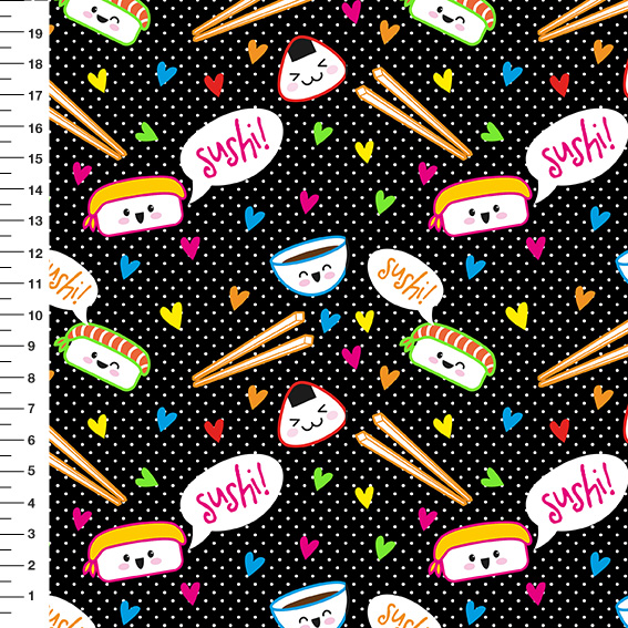 Sintético Doll Sushi Poá Fundo Preto - Meia Tigela 50cm x 1,36mt
