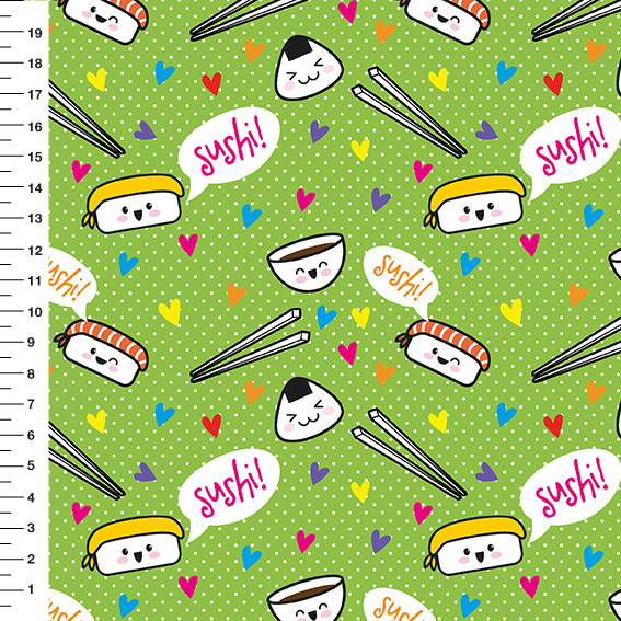 Sintético Doll Sushi Poá Fundo Verde - Meia Tigela 50cm x 1,36mt