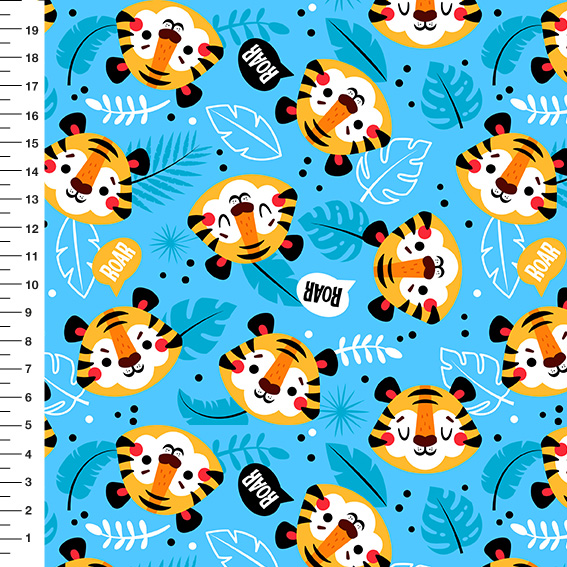 Sintético Doll Tigrinhos Roar Fundo Azul - Meia Tigela 50cm x 1,36mt