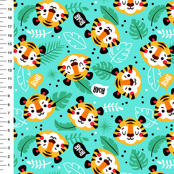 Sintético Doll Tigrinhos Roar Fundo Verde Água - Meia Tigela 50cm x 1,36mt
